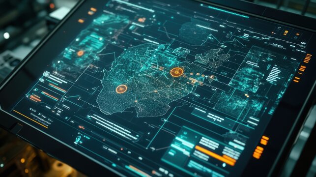 An overhead view of a touchscreen interface displaying a geographic map dotted with icons of factories arranged in a streamlined layout emphasizing proximity and reduced lead times.