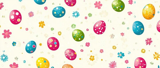 Colorful eggs and vibrant flowers create a festive Easter atmosphere on a clean white background.