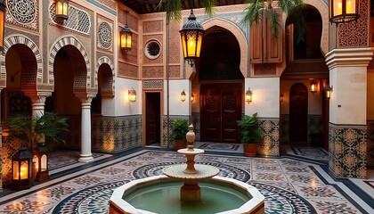 Obraz premium Elegant Courtyard With Intricate Moorish Architecture And Fountain
