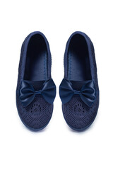 Navy blue girls' ballerinas with bow on white background