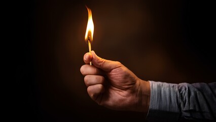 A lit match is held delicately in a hand against a dark background, its warm glow illuminating the surroundings. The flickering flame adds a touch of warmth and ambiance to the scene.