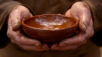 Close-up of hands meticulously shaping clay into a pottery bowl with artistic detail and a warm earthy tone
