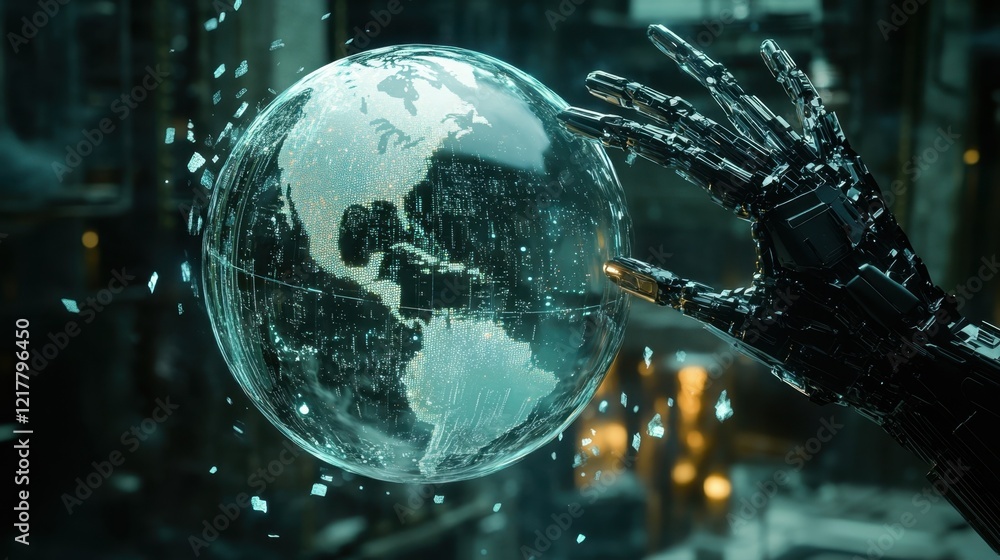 Poster robotic hand interacting with a holographic projection of planet earth, symbolizing technological co