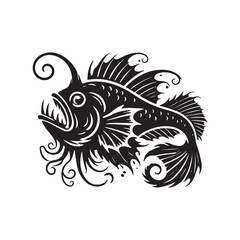 Black Color Anglerfish silhouette design Vector Illustration, Solid White Background (11).eps