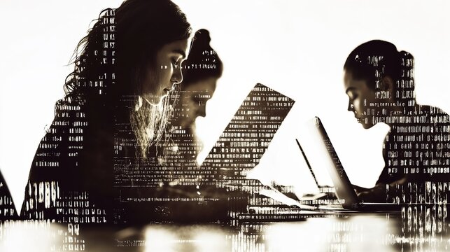 A group of women are sitting at a table with their laptops open. Double exposure