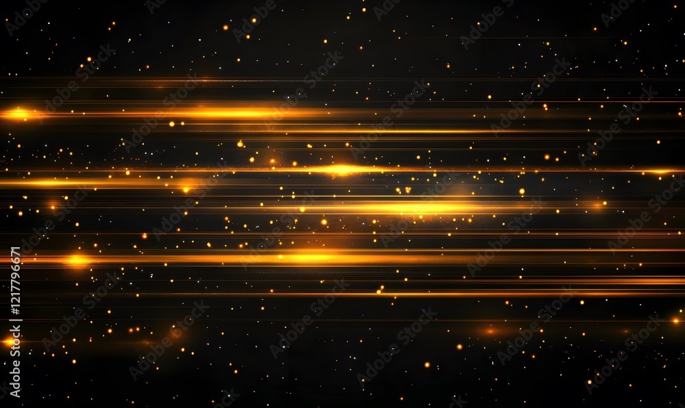 Poster abstract golden glowing lines with bokeh effect, shimmering light on a dark backdrop