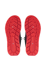 Red sole of sports shoes on white background