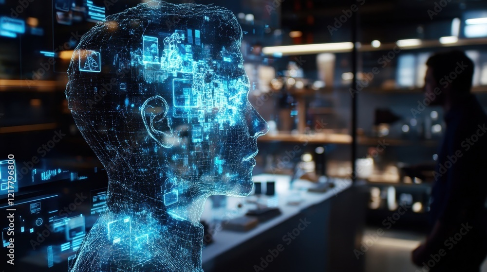 Poster an interactive hologram showing a physical representation of a consumers mind filled with animated d