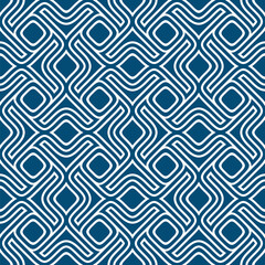 Seamless repeating pattern with an ethnic modern motif of small blue and white geometric shapes and lines. Abstract texture. Vector illustration.
