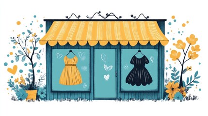 Obraz premium Charming Boutique Display: Yellow and Black Dresses on Illustrated Storefront