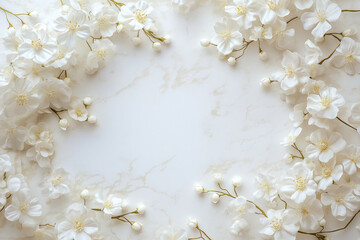 Spring greeting card or invitation design. Branches of white flowers lie on white marble. In the center there is a place for congratulatory text. Wedding greetings, Birthday, Mother's Day, Easter
