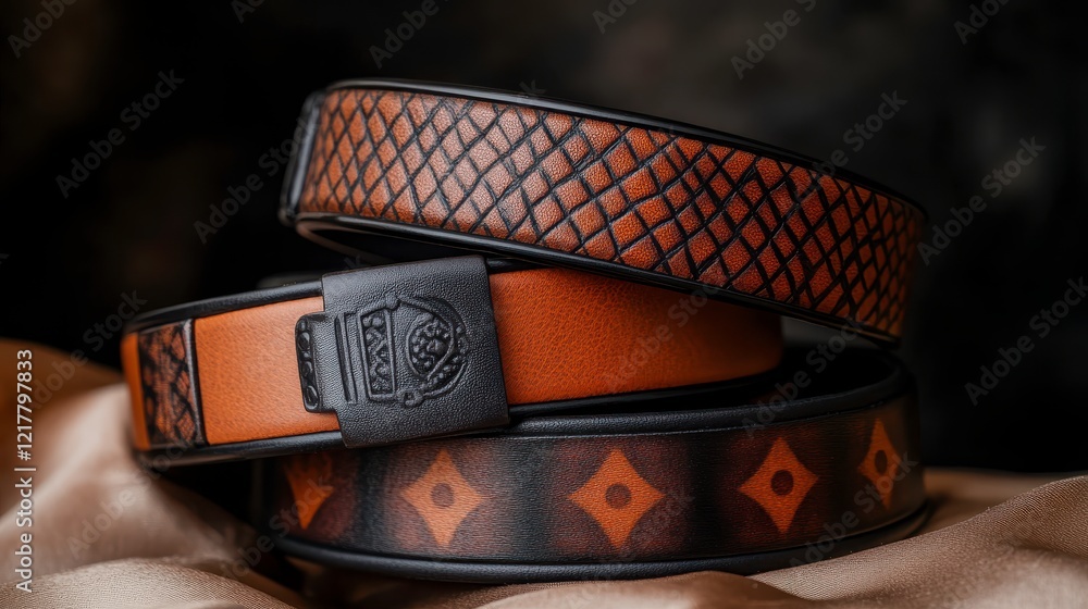 Poster stylish belts with playful patterns on soft background