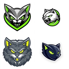 Obraz premium Four fierce cat head logos; gray, white, dark gray, and black.