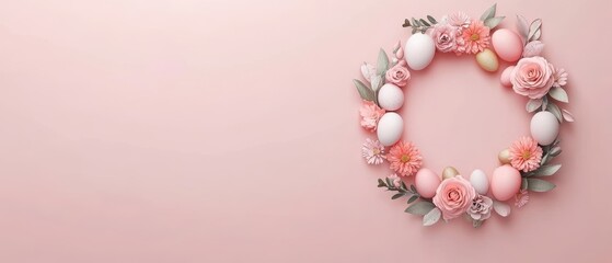 A colorful wreath adorned with eggs and flowers set against a soft pink background, celebrating the spirit of Easter.