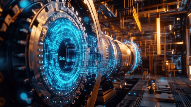 Closeup of a circuit board embedded in heavy machinery with electric blue light tracing pathways between components symbolizing the backbone of realtime data connectivity supported