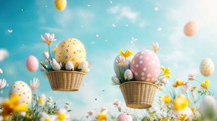 Two baskets filled with colorful eggs float gracefully in the air, symbolizing the joy of Easter festivities.