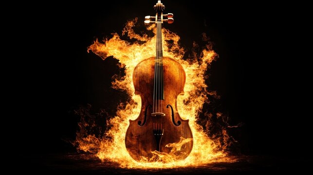 A violin engulfed in flames, symbolizing passion and intensity in music.