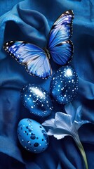 Fototapeta premium Elegant Easter composition with artisanal decorated eggs and fresh spring flowers on a trendy background. Perfect for social media marketing and business.