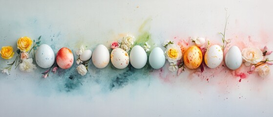 Obraz premium Colorfully decorated eggs arranged neatly on a table for Easter celebration.