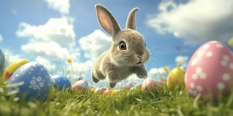 A playful rabbit leaps over colorful Easter eggs, symbolizing the joy and celebration of the holiday season.