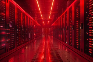 Shot of Data Center With Multiple Rows of Fully Operational Server Racks. Neural network ai generated