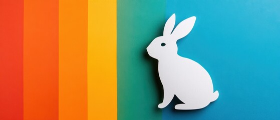 A white rabbit rests against a vibrant rainbow-colored wall, embodying a whimsical Easter spirit.