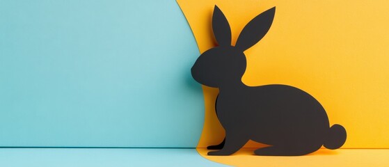 A black rabbit rests beside a vibrant yellow and blue wall, adding colorful charm to the Easter season.