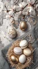 Obraz premium Festive Easter arrangement with collectible decorative eggs and seasonal flowers on an exquisite background. Ideal template for professional social media marketing.
