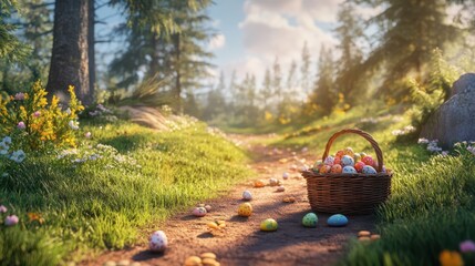 A colorful basket filled with decorated eggs sits on the ground beside a path, embodying the spirit of Easter festivities.