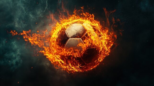 A flaming soccer ball surrounded by fiery effects, symbolizing intensity in sports.