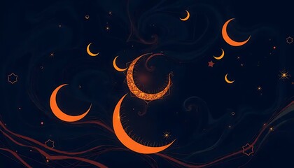 Celestial artwork featuring orange crescent moons and stars