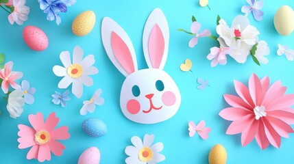 Obraz premium A colorful paper bunny mask is beautifully arranged with vibrant flowers and decorative eggs for Easter celebrations.