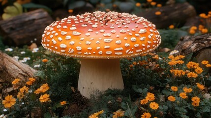 Fototapeta premium Colorful Mushroom Amidst Bright Flowers Generative AI