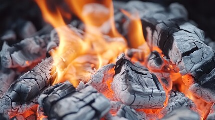 Close-up of glowing charcoal with flames, often used for grilling or barbecuing.