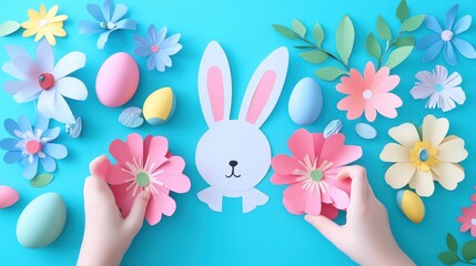 Obraz premium A creative craft project featuring a bunny made from colorful paper flowers and decorative eggs for Easter celebrations.