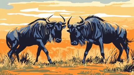 Two wildebeests facing each other against a vibrant sunset backdrop.
