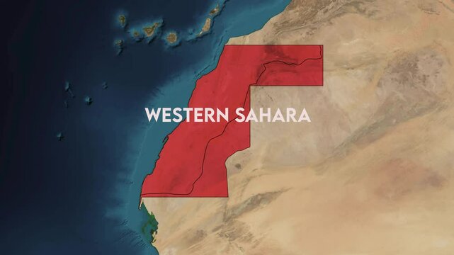 Zoom from Earth to Western Sahara. World map animation with country borders, Images from NASA