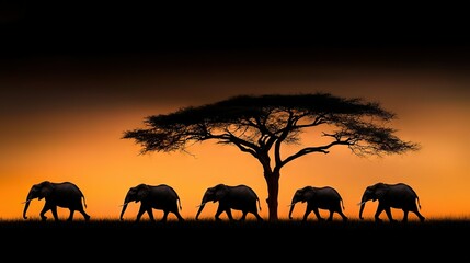 Fototapeta na wymiar A group of elephants strolls in front of a tree with the sun setting behind them