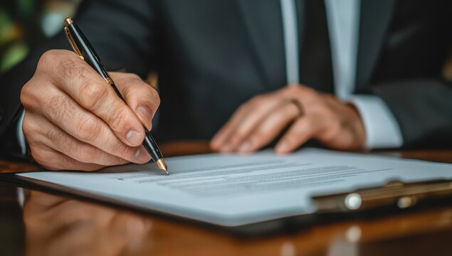 A businessman in a suit sitting at a table and signing a contract with a pen, with the focus on the hand holding the pen Generative AI