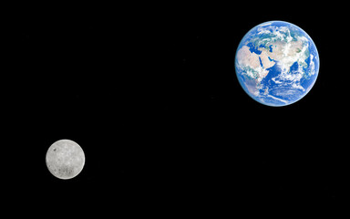 Earth and moon in space against a black background