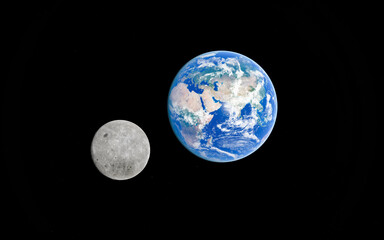 Earth and moon in space against black background showing planetary contrast