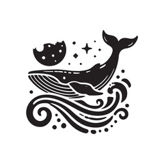 Black Color Blue Whale silhouette design Vector Illustration, Solid White Background (5).eps