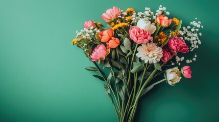 Fototapeta premium Vibrant Flower Bouquet on a Green Wall