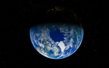 Earth's northern hemisphere in space revealing arctic region and icy oceans