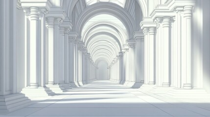 A minimalist architectural corridor with arches and columns, emphasizing light and space.