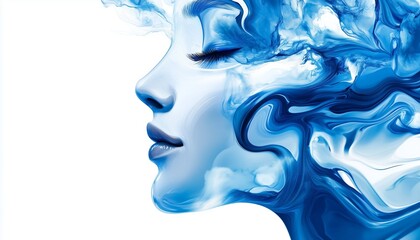 A refined abstract design a feminine face, featuring fluid blue patterns and a pure white background for contrast.