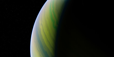 Swirling green atmosphere of a gas giant planet against black space