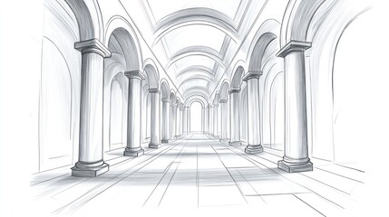 A sketch of a spacious corridor with arches and columns, creating a sense of depth.