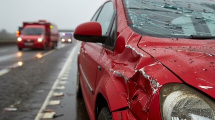Fototapeta premium Red car damaged after collision with emergency personnel present at roadside recovery scene