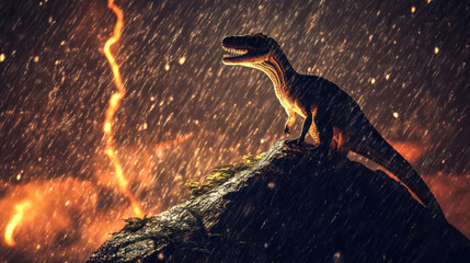 Fototapeta premium A powerful allosaurus roaring atop a mossy rock in a stormy prehistoric jungle, dramatic rain cascading down, streaks of lightning illuminating the scene